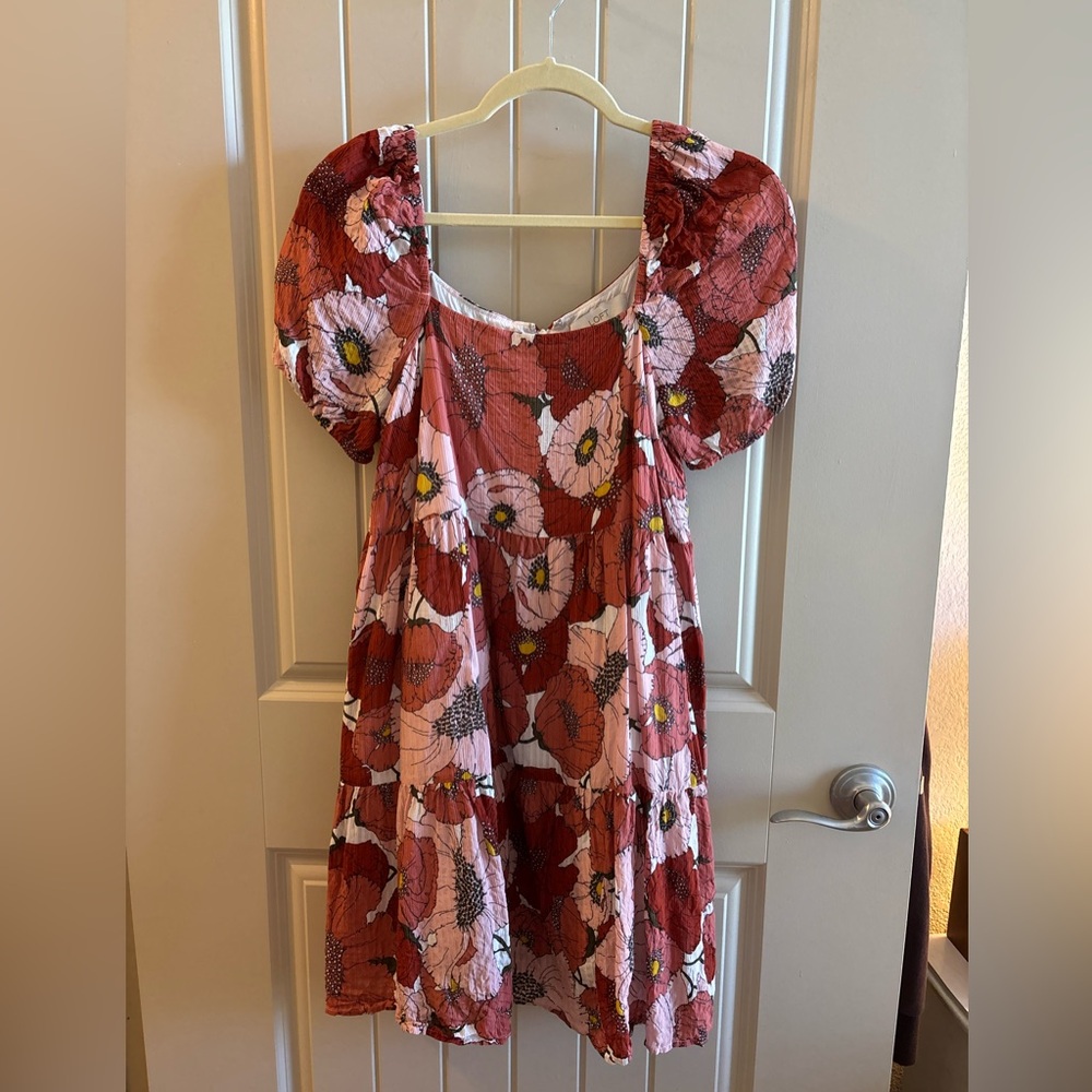 LOFT Floral Dress with Puff Sleeves in Red and Pink